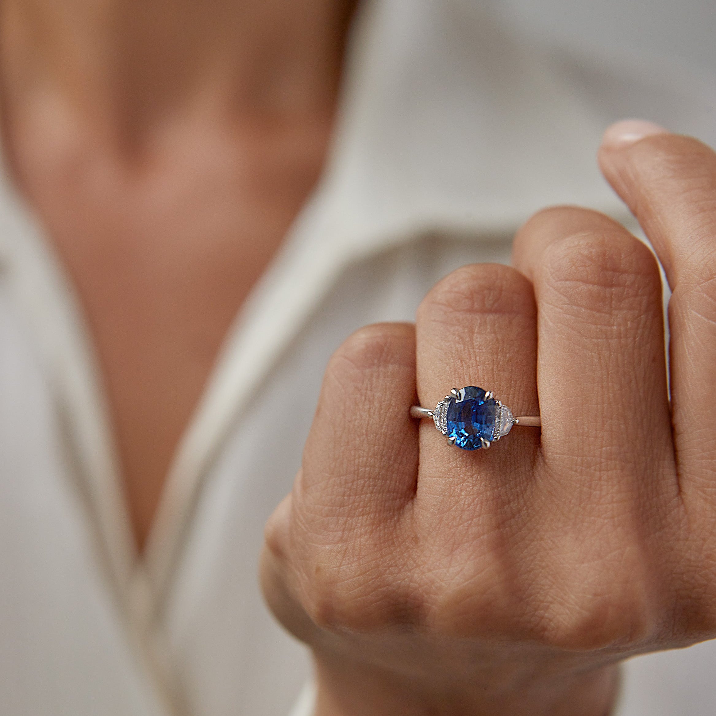 Oval Blue Sapphire 3 Stone Ring