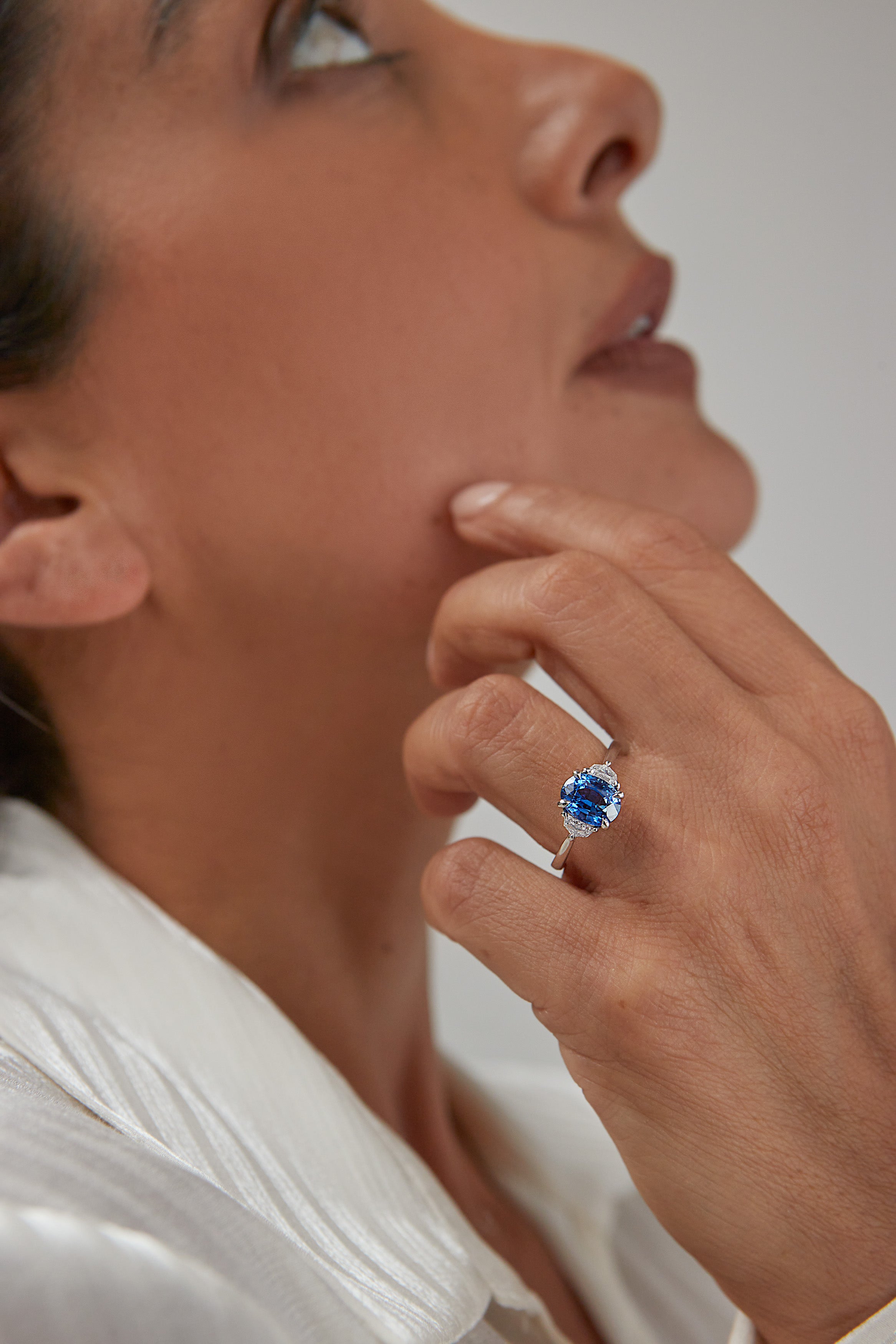 Oval Blue Sapphire 3 Stone Ring