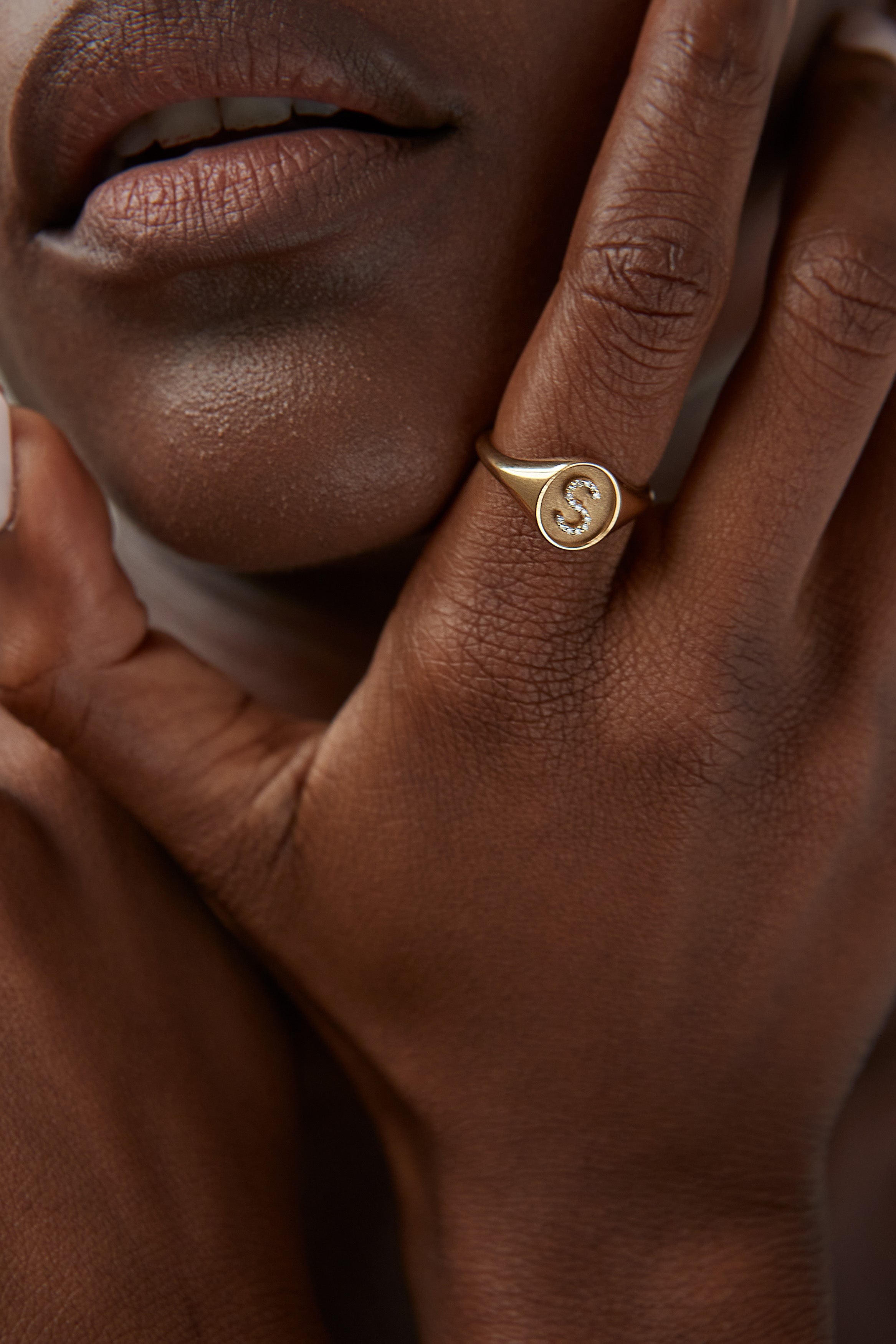 Diamond Initial Oval Signet Ring in Yellow Gold